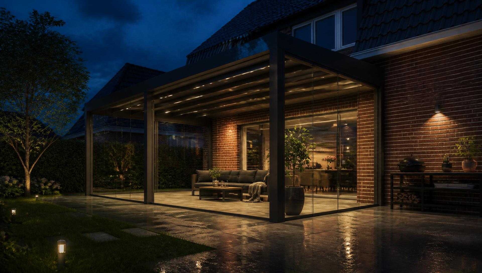 Antracietkleurige aluminium overkapping met glazen schuifwanden aan een Nederlandse woning in de avond